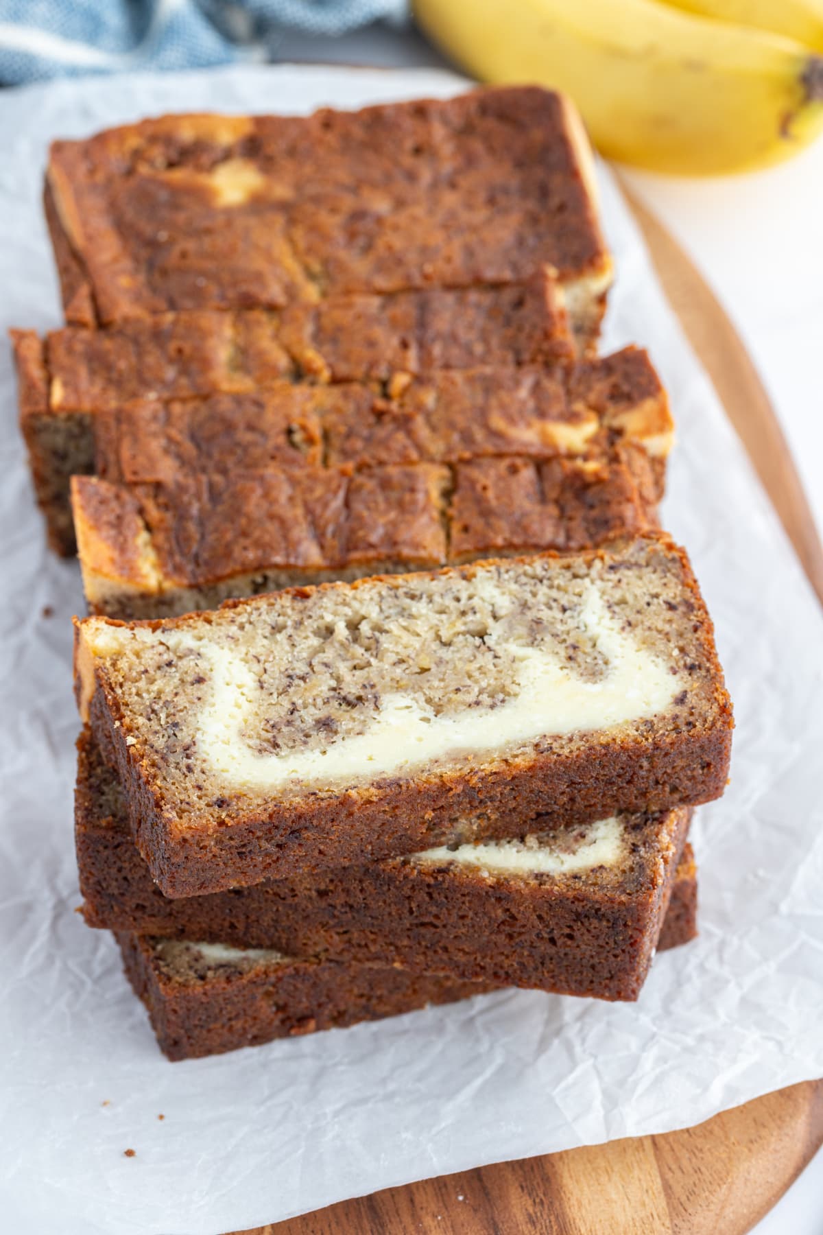 slices of cheesecake banana bread stacked