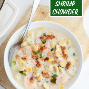 pinterest image for corn and shrimp chowder