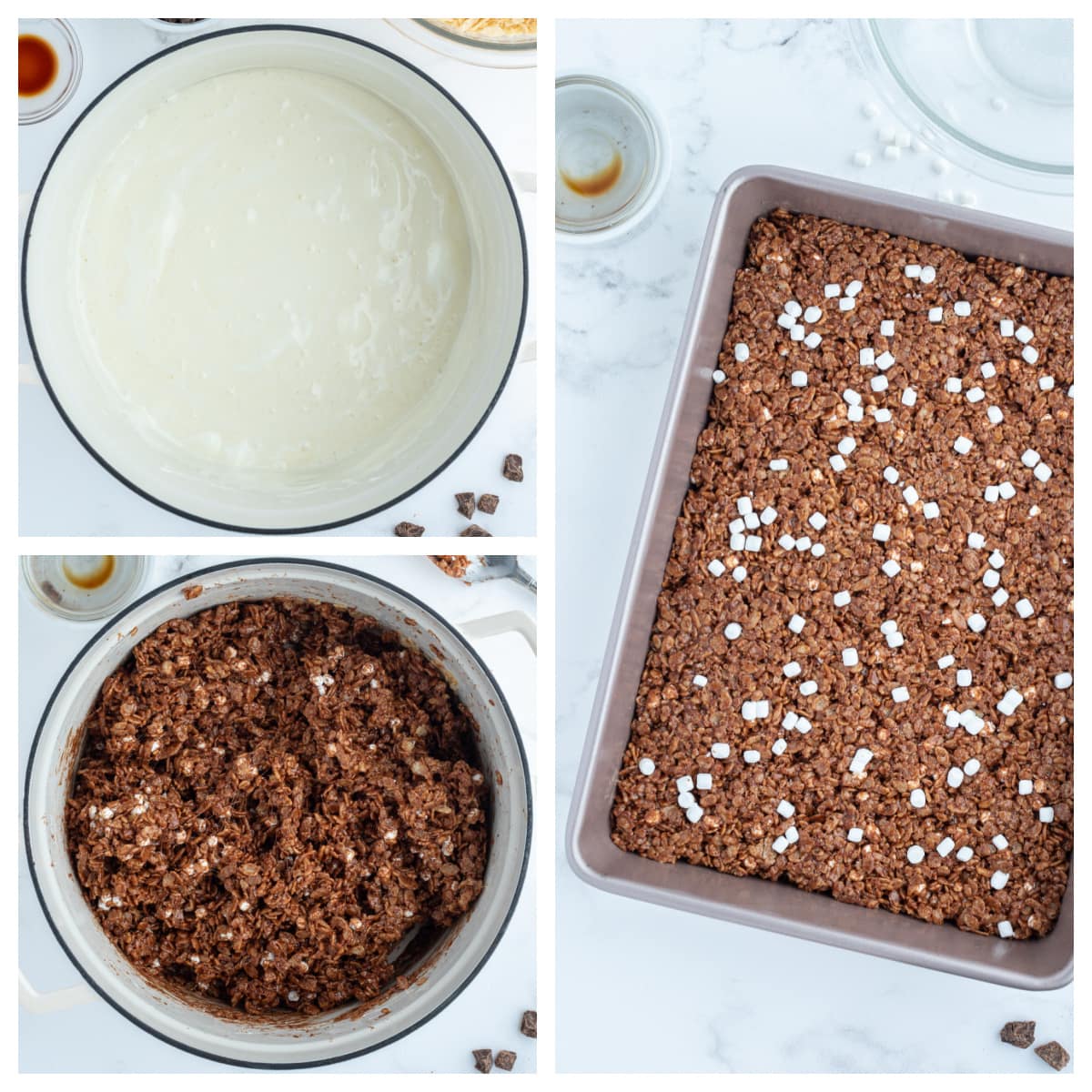 three photos showing how to make hot cocoa rice krispie treats