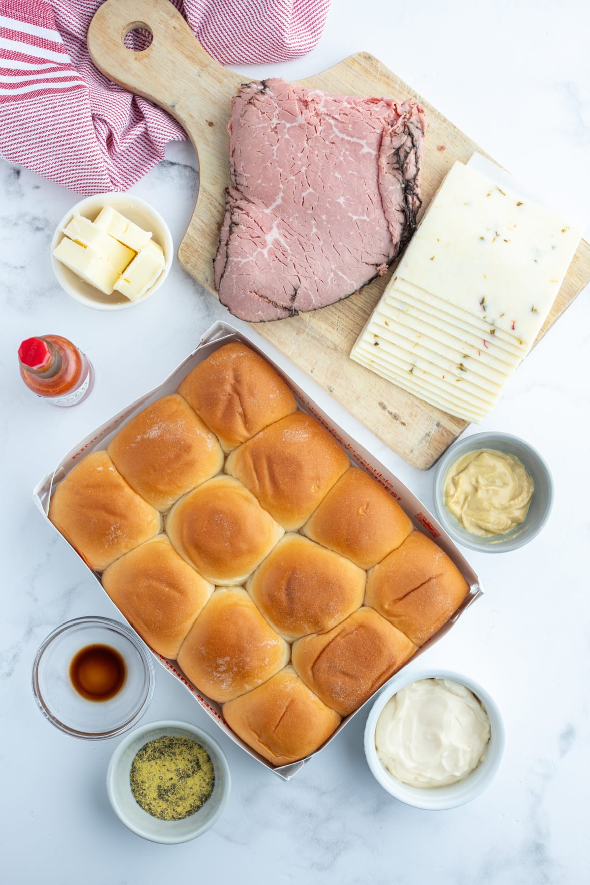 ingredients displayed for making hot hawaiian beef sandwiches