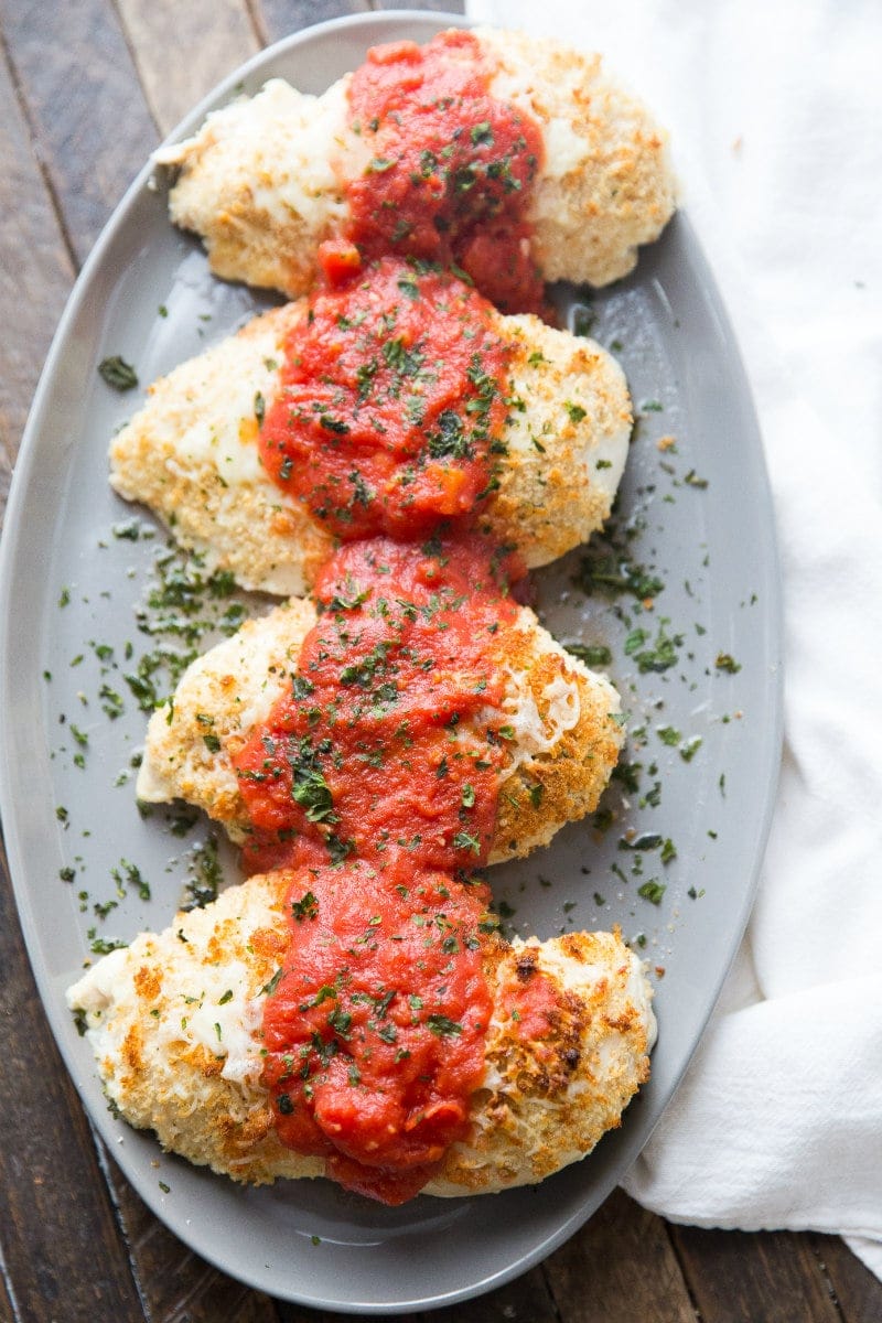 light chicken parmesan on platter