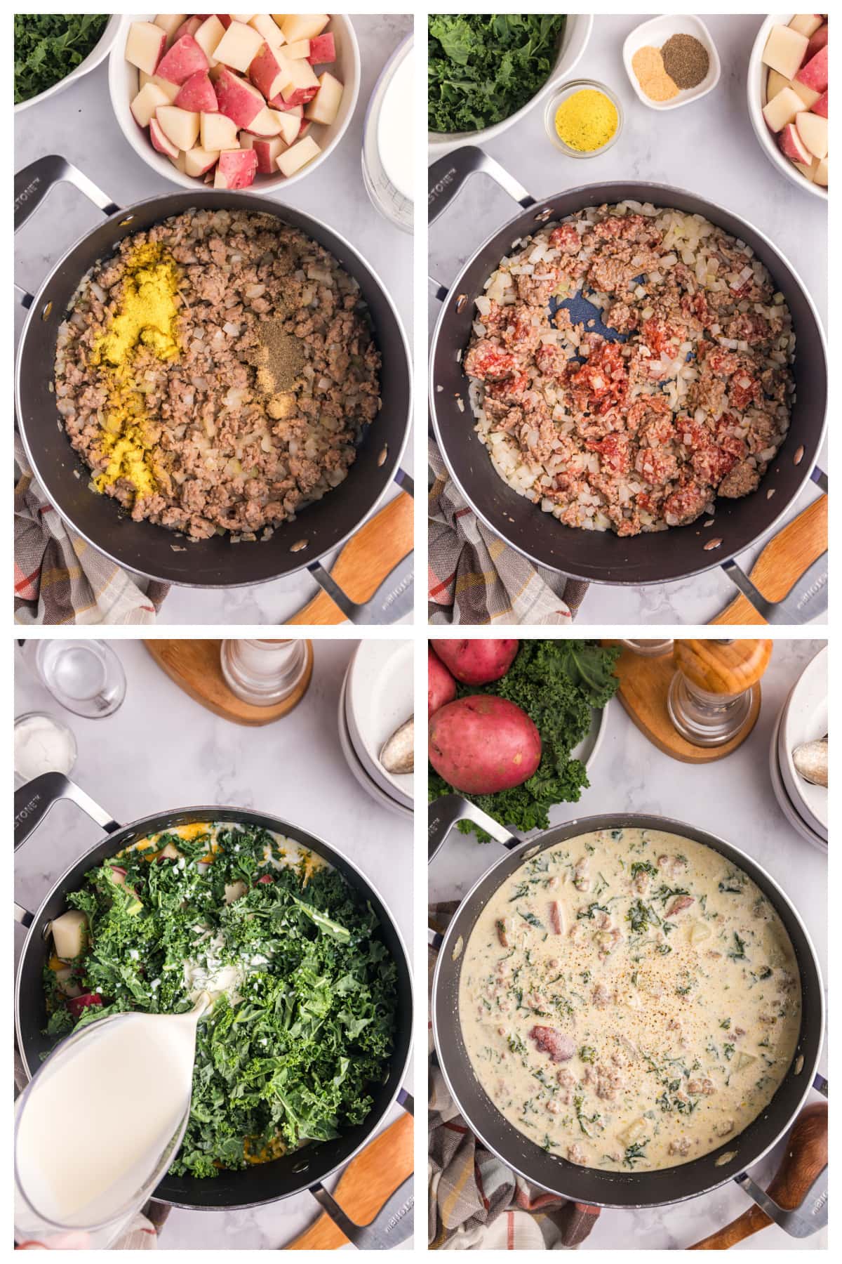 four photos showing how to make potato sausage and kale soup