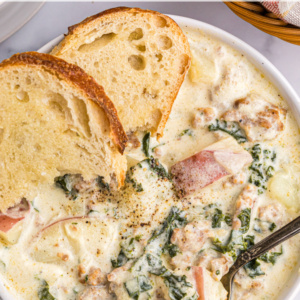 pinterest image for potato sausage and kale soup