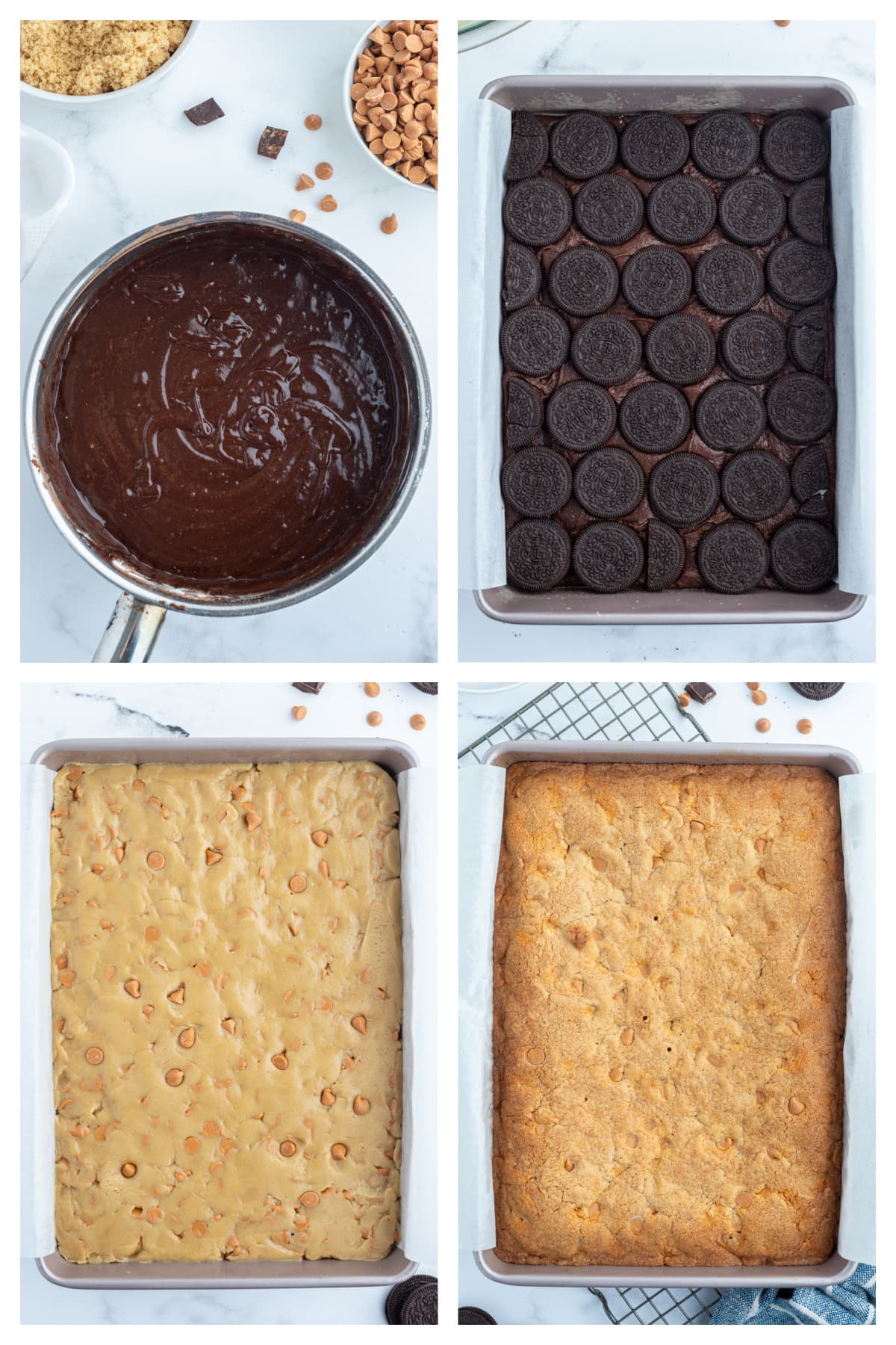 four photos showing how to make triple decker bars