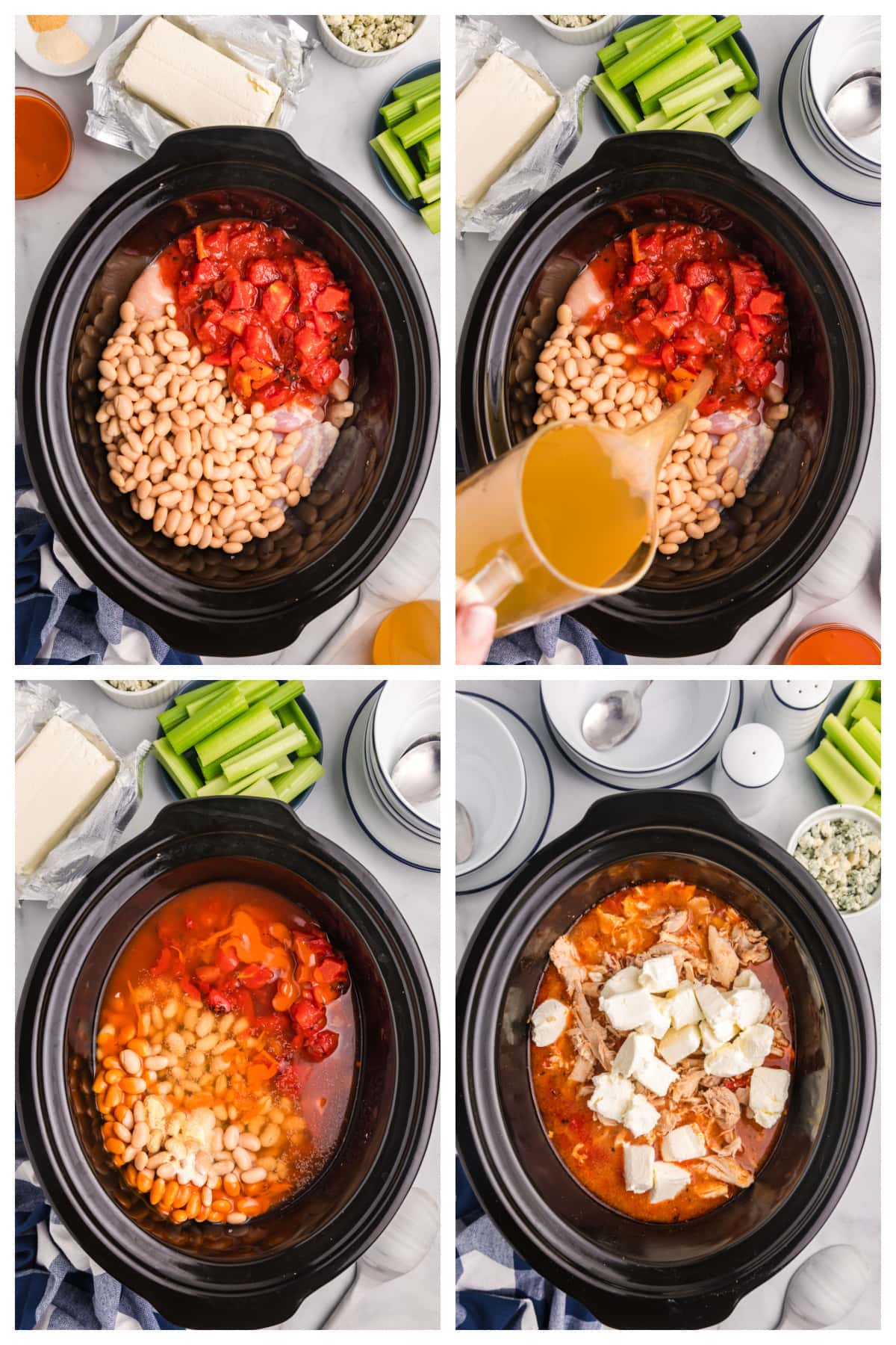 four photos showing how to make buffalo chicken soup in slow cooker insert