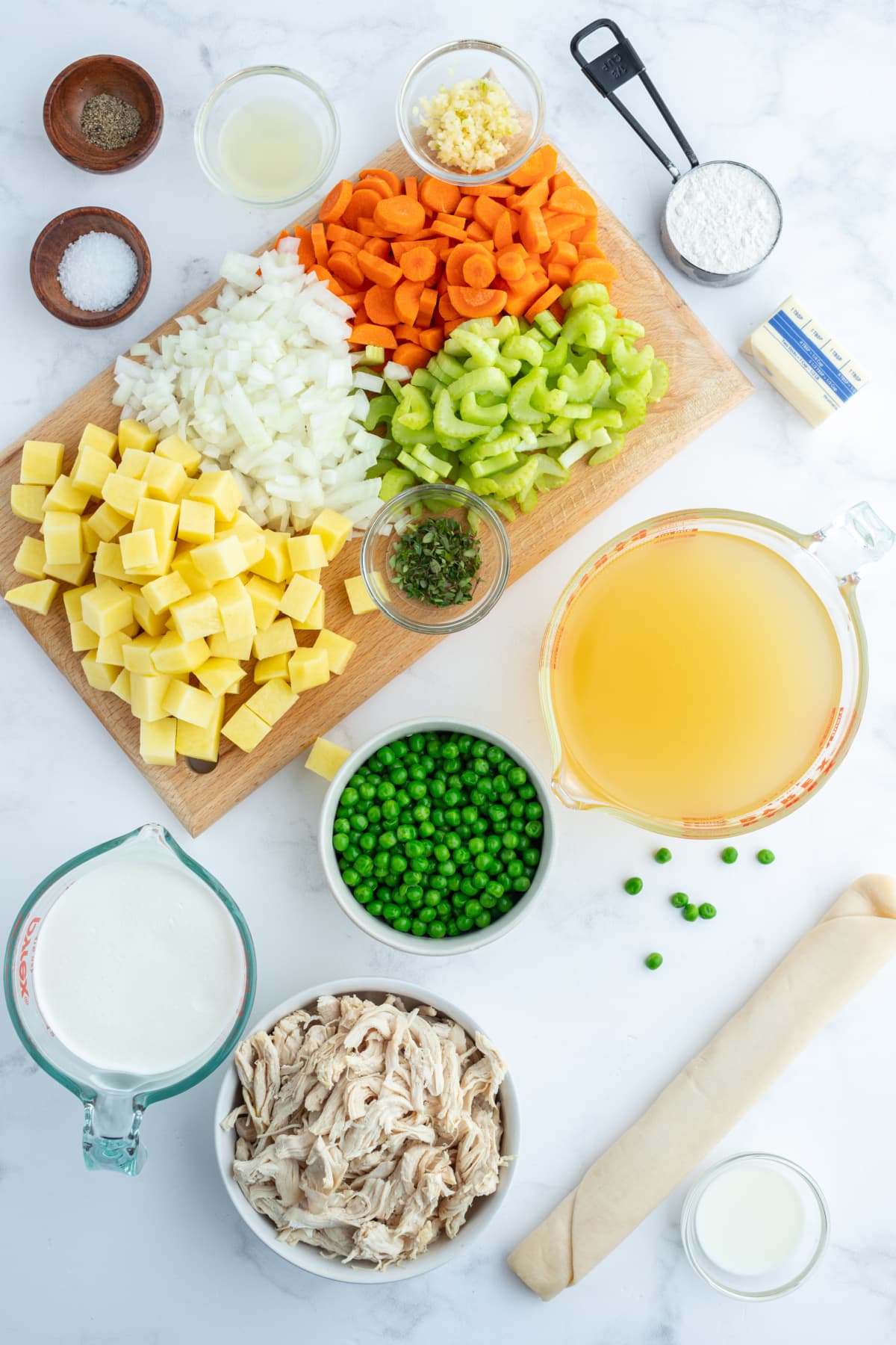 ingredients displayed for making chicken pot pie soup