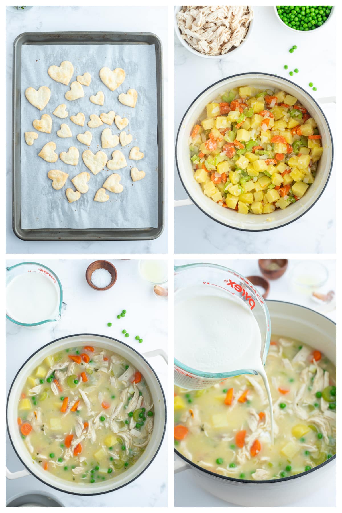 four photos showing how to make chicken pot pie soup