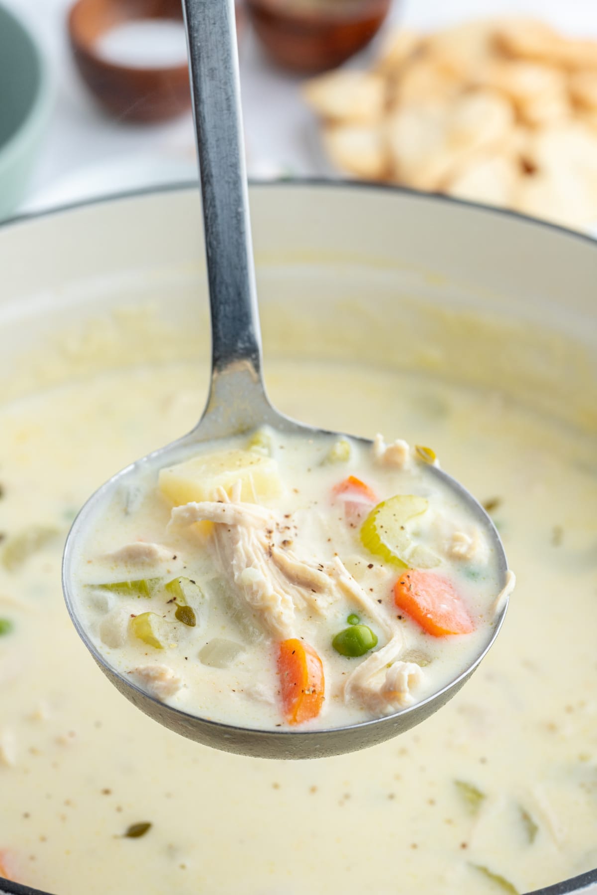 ladle of chicken pot pie soup