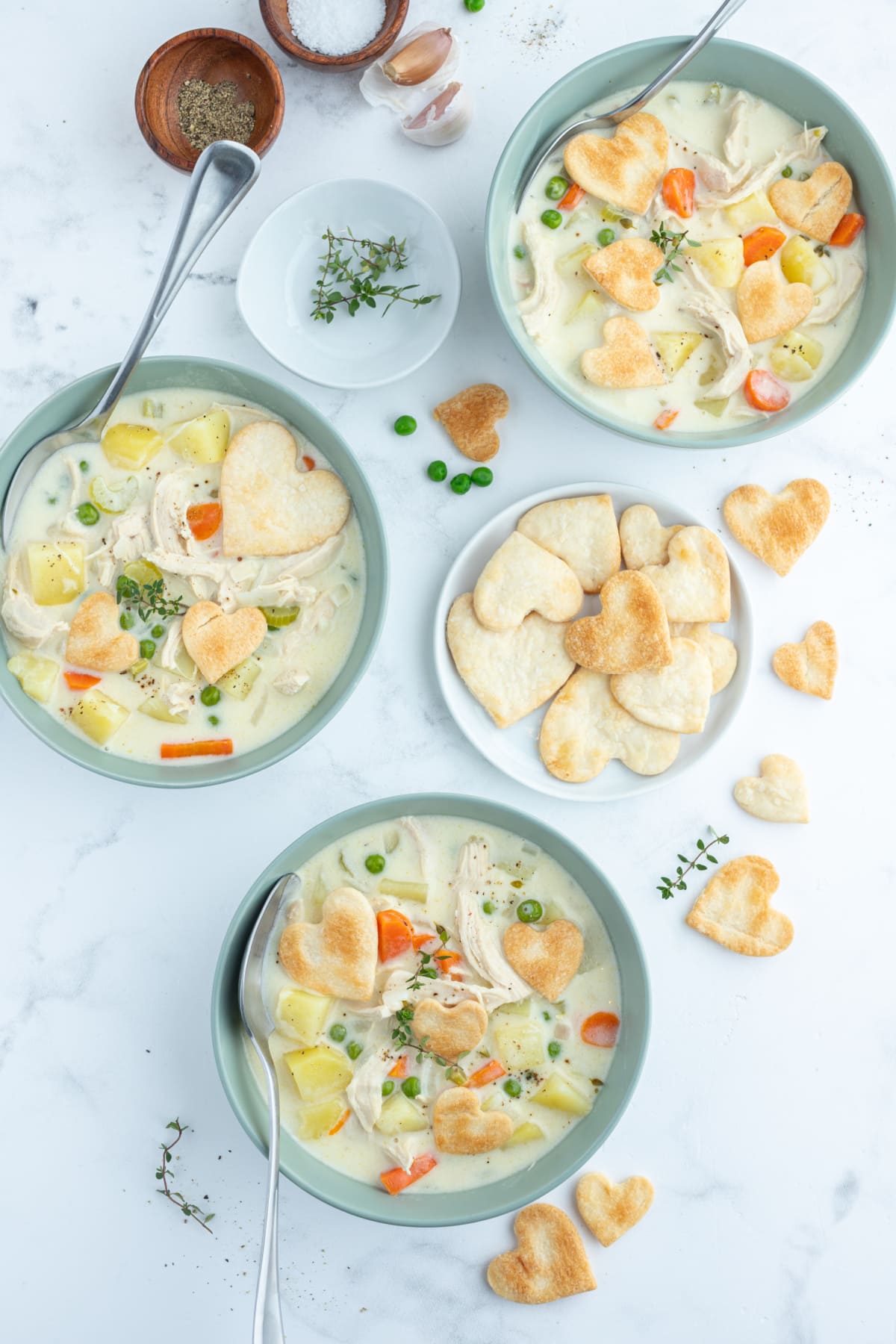 overhead shot of bowls of chicken pot pie soup