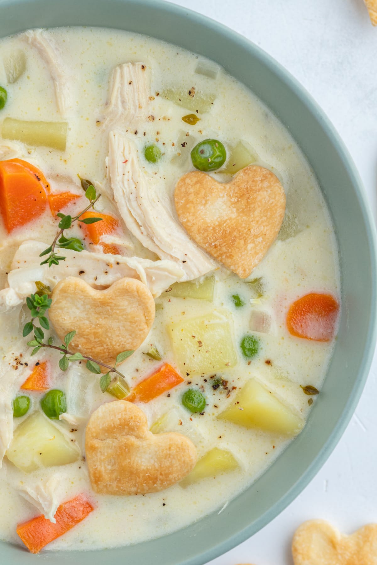 close up half shot of chicken pot pie soup