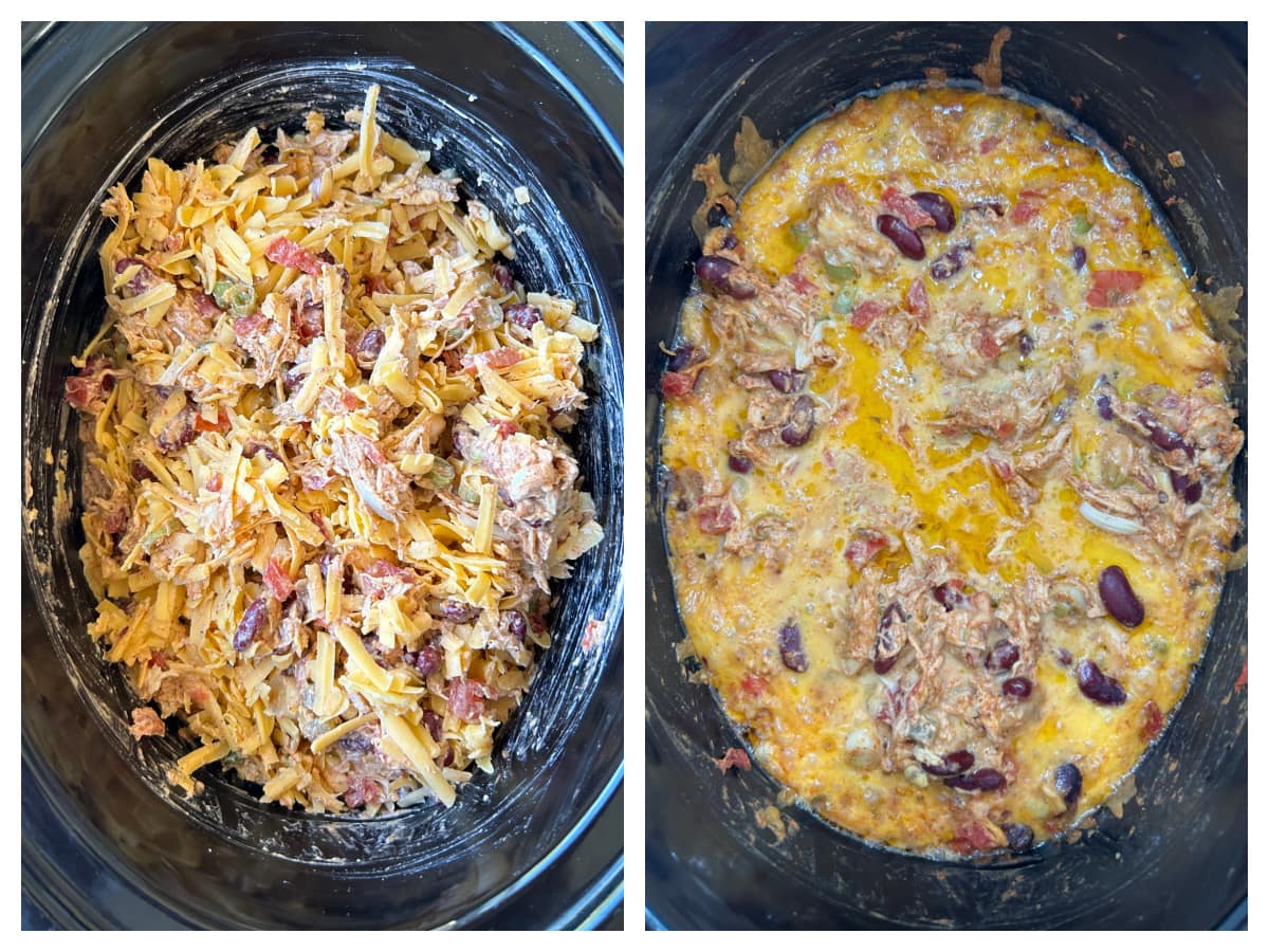 slow cooker chicken taco dip being made