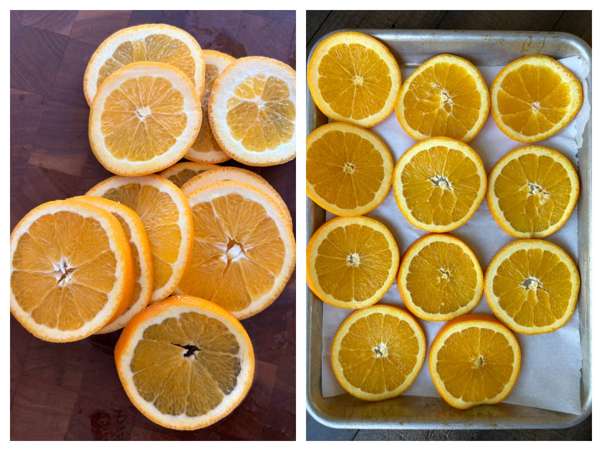 slices of orange and then slices of orange on a baking sheet