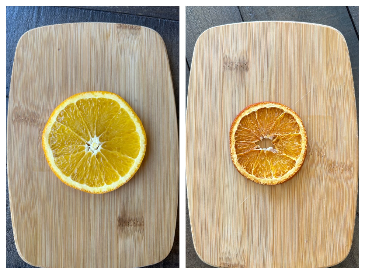 two orange slices before and after dehydrating