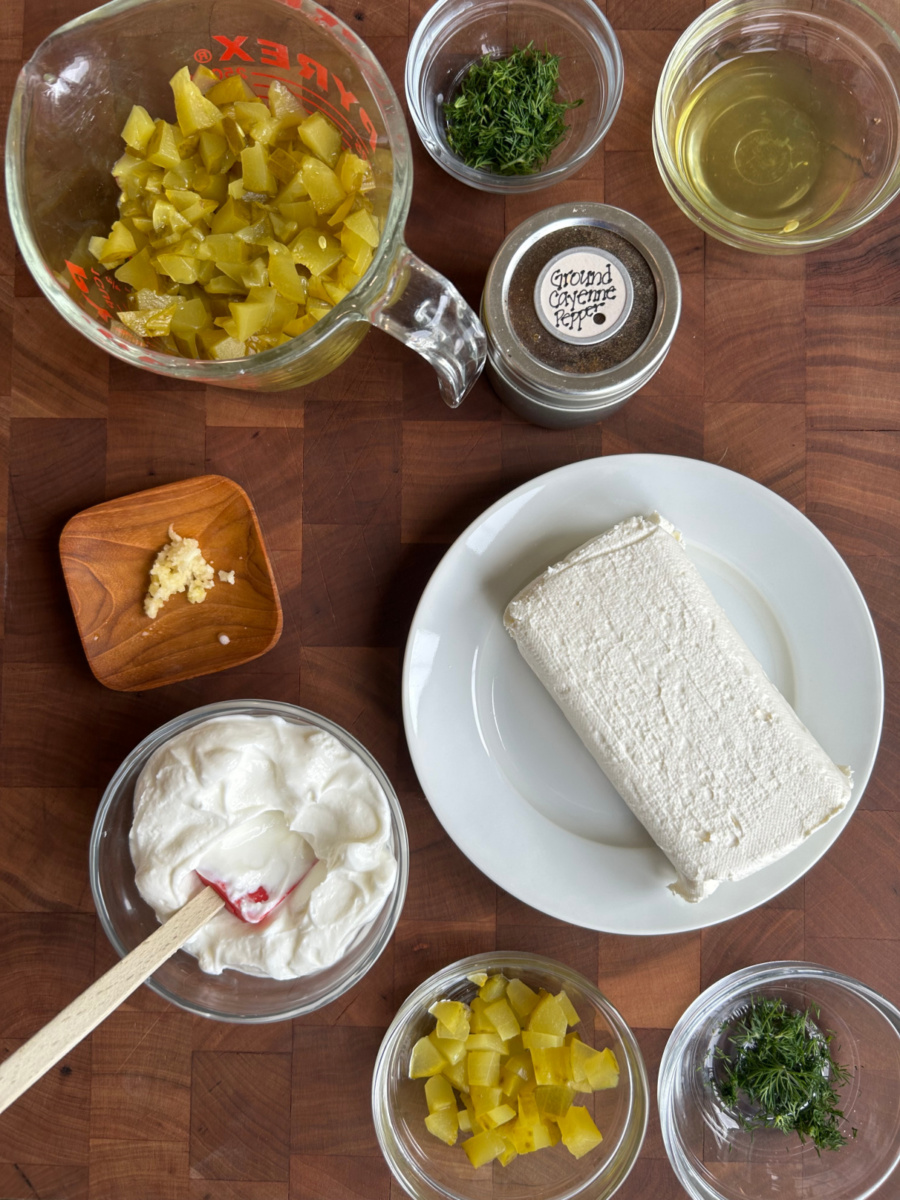 ingredients displayed for making dill pickle dip