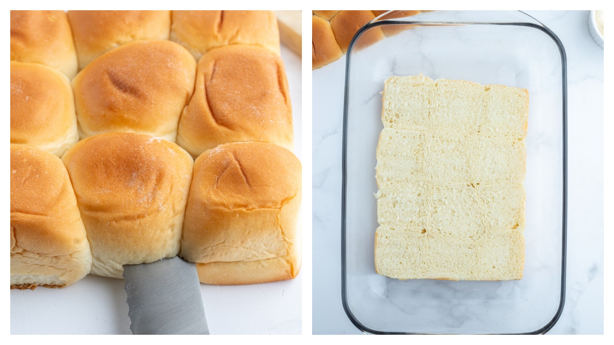 two photos showing how to cut hawaiian rolls in half