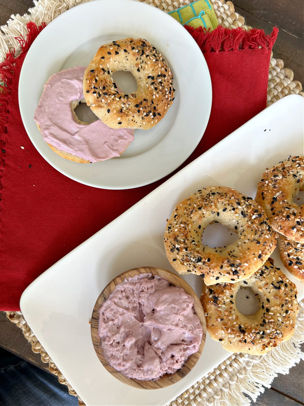 almond flour bagels displayed with berry cream cheese