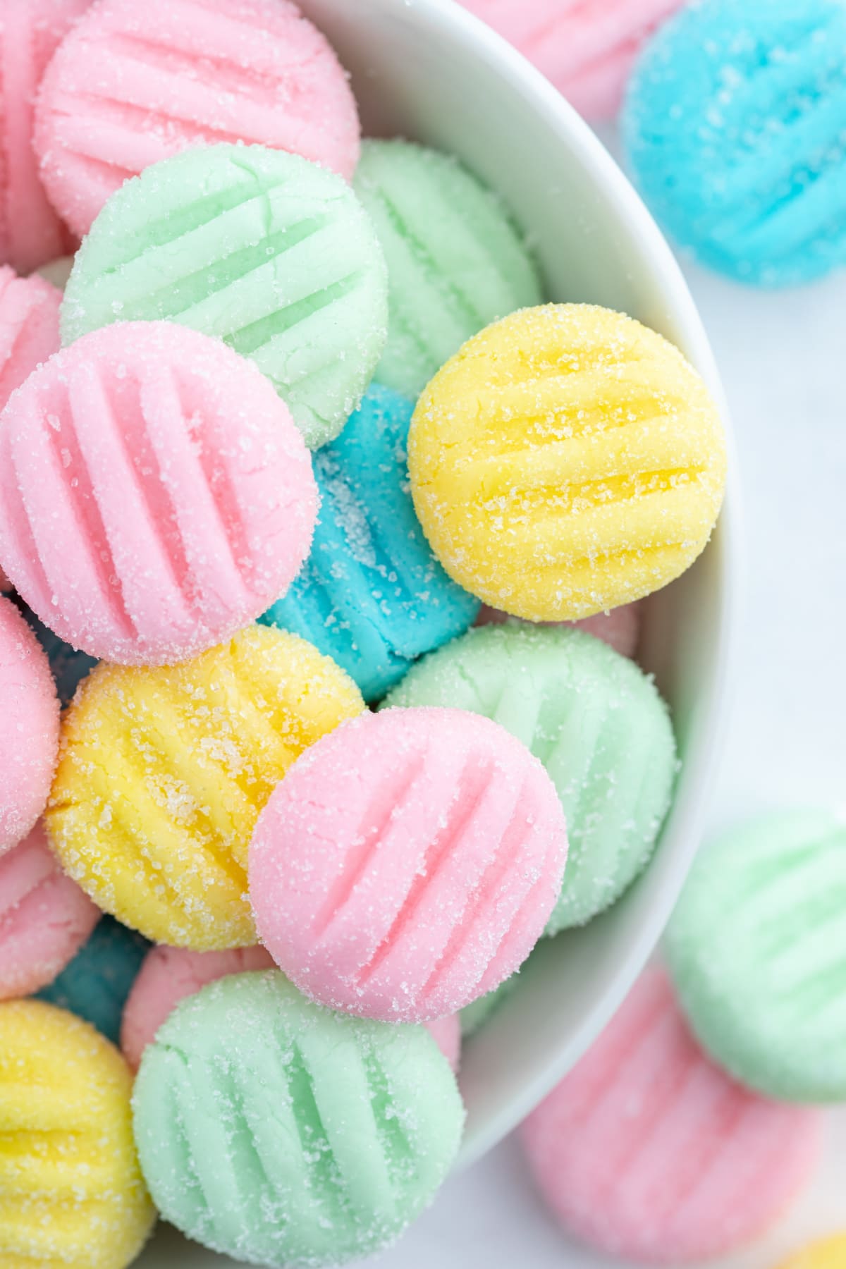 overhead shot of side of bowl of cream cheese mints