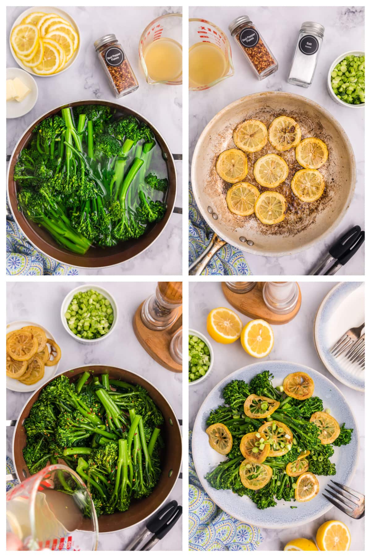 four photos sharing how to make lemon broccolini