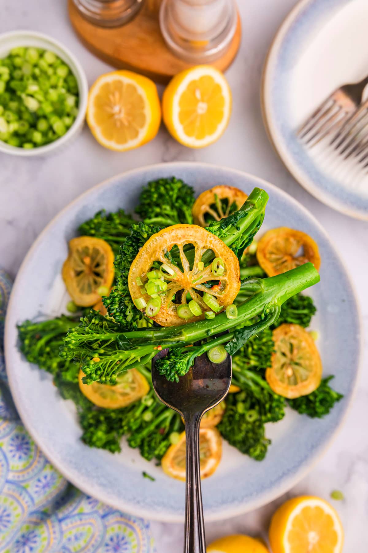lemon broccolini on a fork