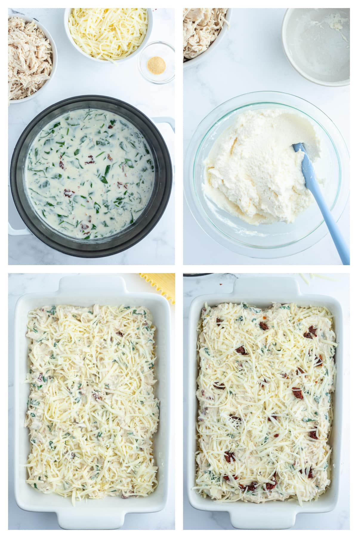 four photos showing how to make marry me chicken lasagna