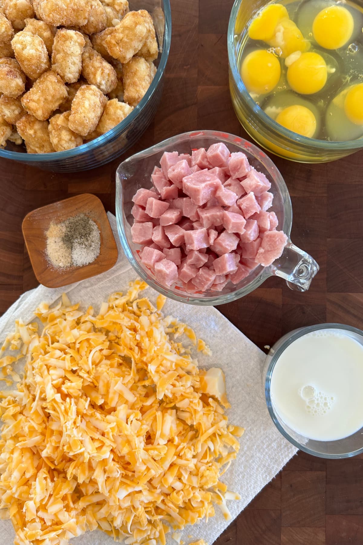 ingredients displayed for making tater tot breakfast casserole
