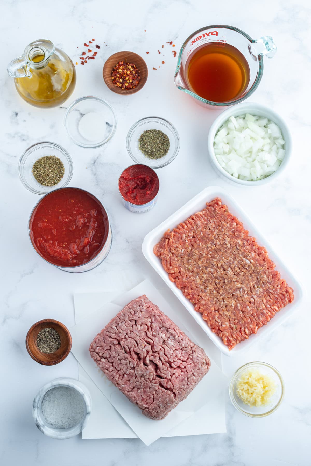 ingredients displayed for making easy meat sauce