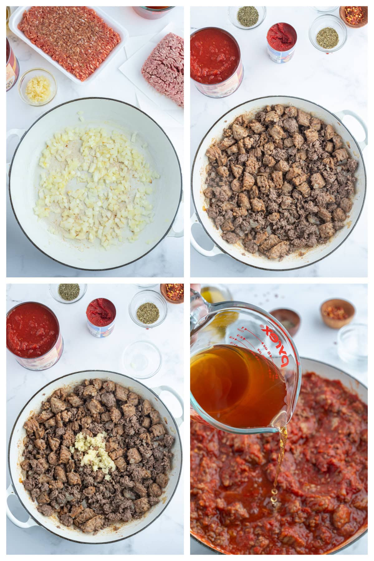 four photos showing how to make easy meat sauce