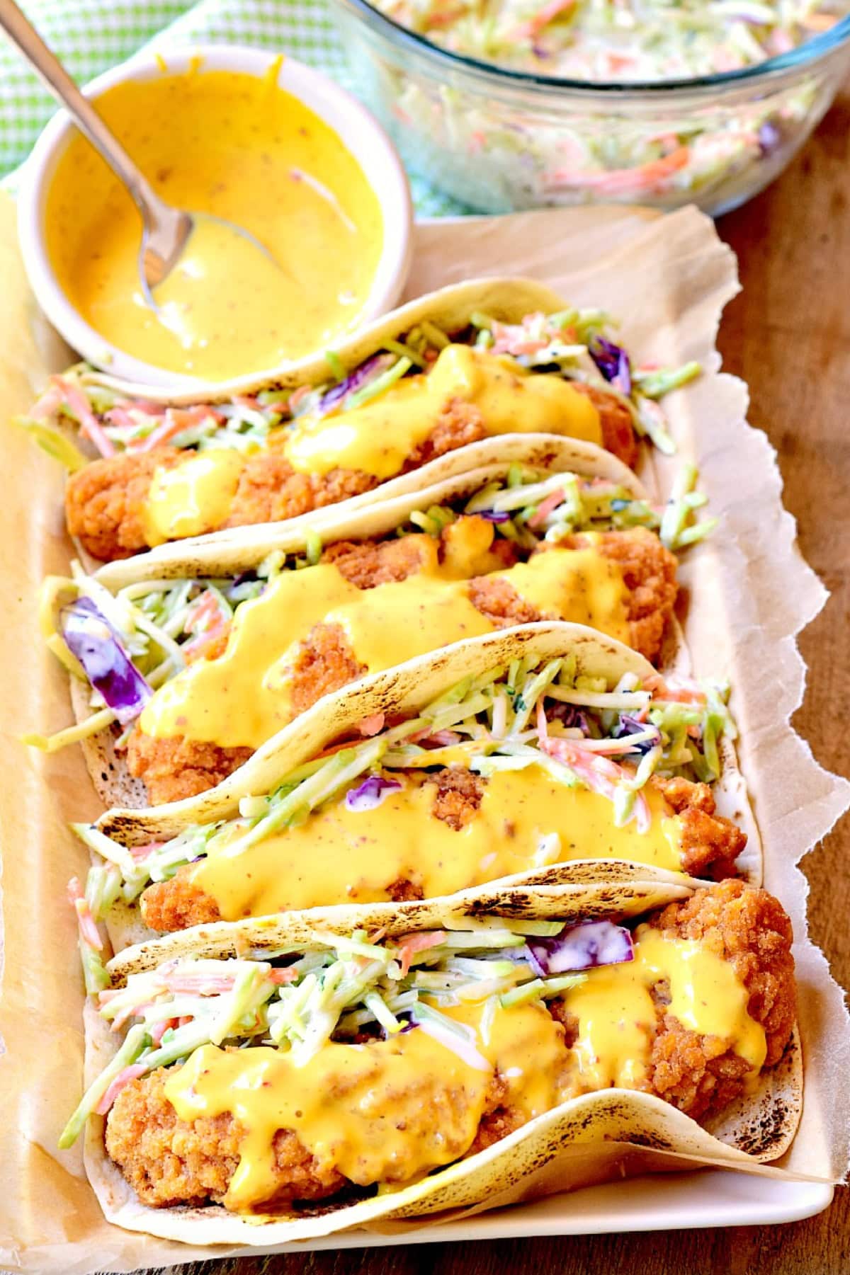 several honey mustard chicken tacos