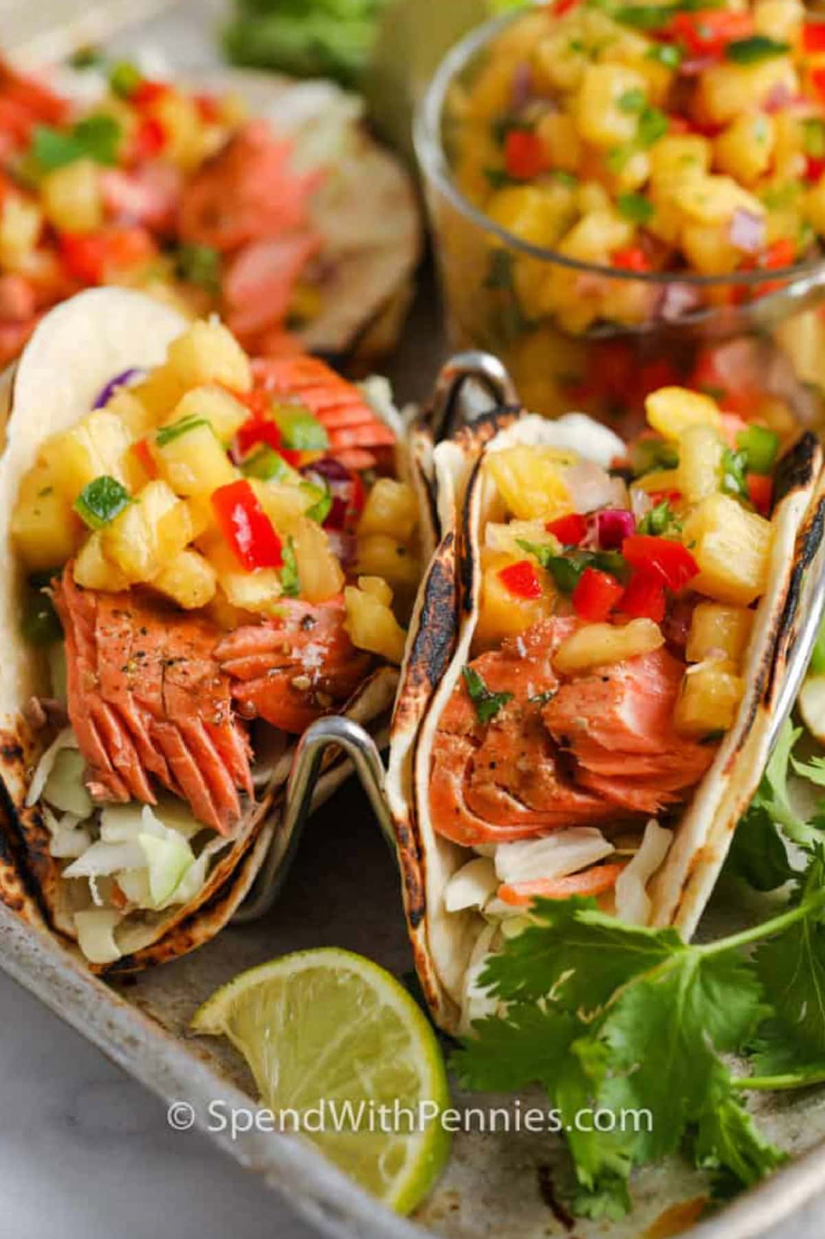 two salmon tacos