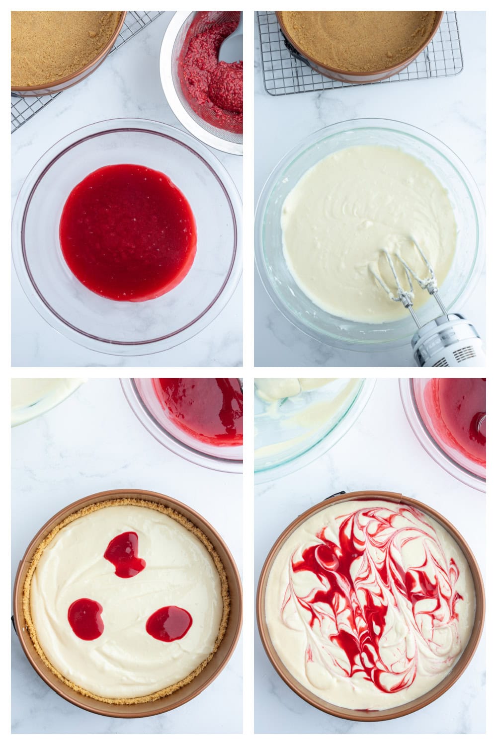 White Chocolate Raspberry Cheesecake recipe from RecipeGirl.com four photos showing how to make white chocolate raspberry cheesecake