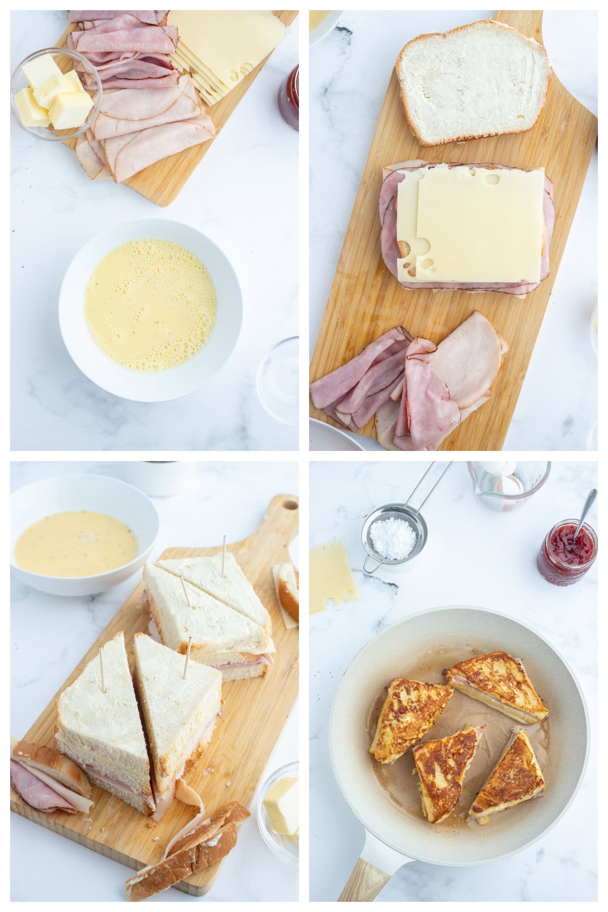 Monte Cristo Sandwich : classic French recipe from RecipeGirl.com four photos showing how to make monte cristo sandwich