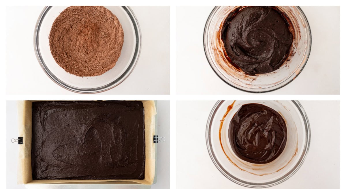 Cosmic Brownies are a fudgy, chocolatey copycat of the classic treat with ganache and colorful candy-coated chips. Easy and nostalgic! four photos showing how to make cosmic brownies