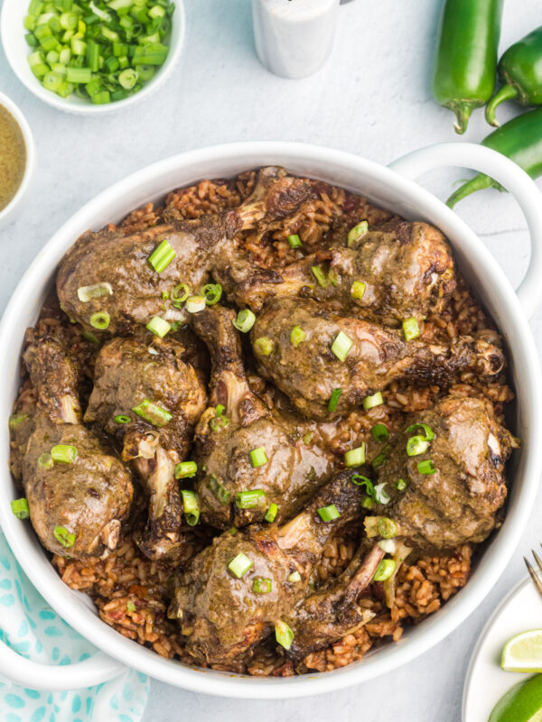 Jerk Chicken Drumsticks in white serving dish