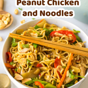 pinterest image for peanut chicken and noodles