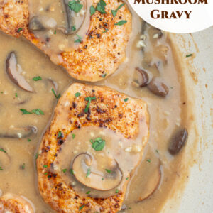 pinterest image for pork chops with mushroom gravy