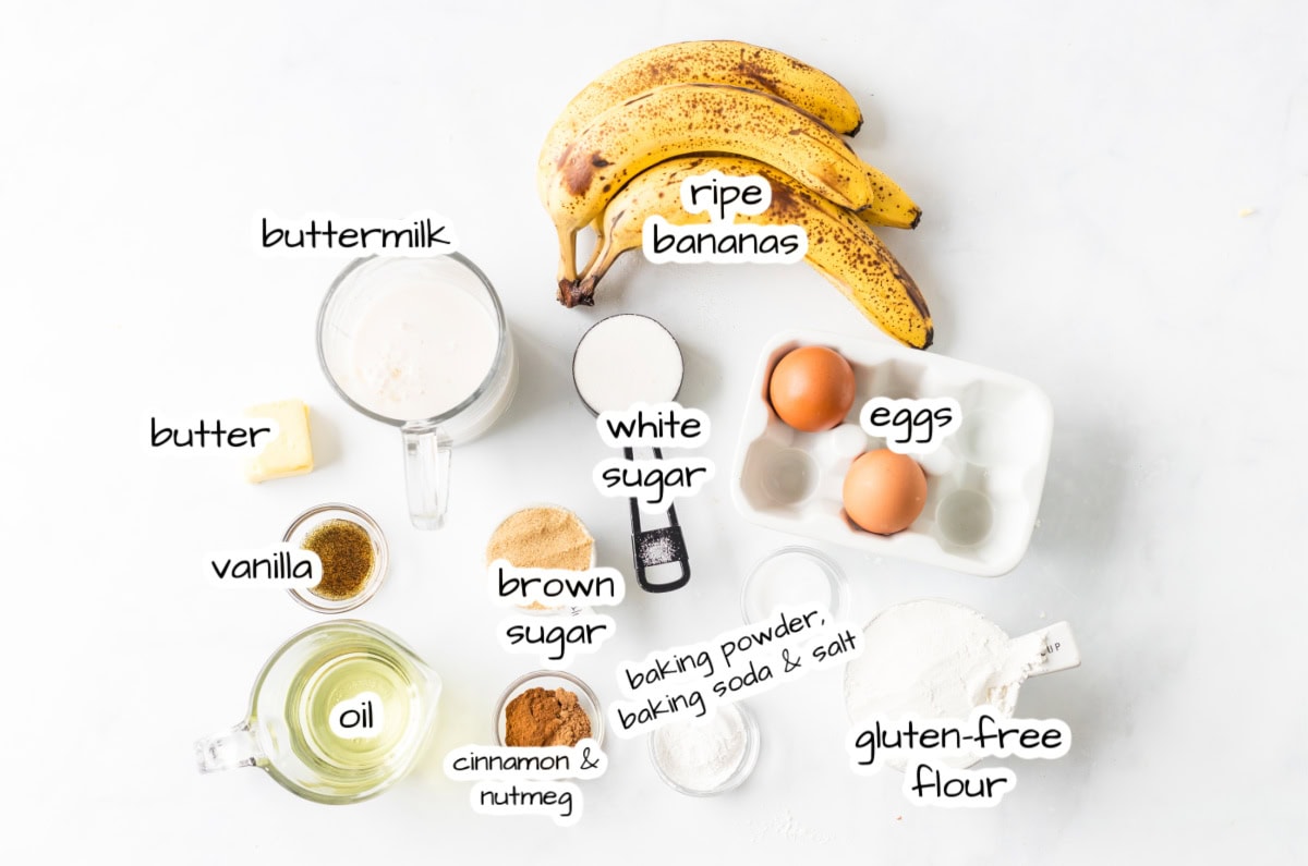 Gluten Free Banana Muffins that are soft, moist and topped with a sweet crumble. Easy to make and so good you’d never know they’re gluten-free! ingredients displayed for making gluten free banana muffins