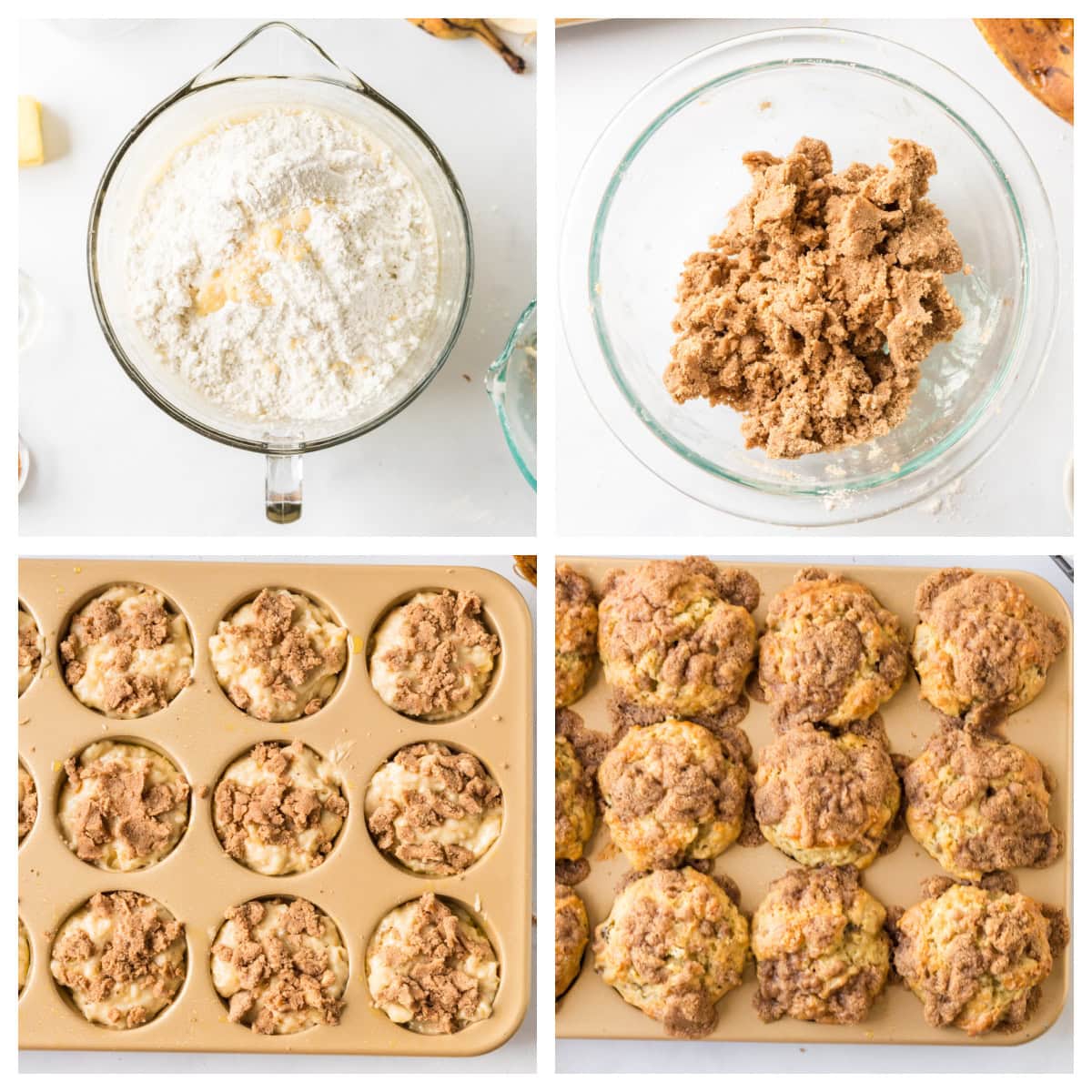 Gluten Free Banana Muffins that are soft, moist and topped with a sweet crumble. Easy to make and so good you’d never know they’re gluten-free! four photos showing how to make gluten free banana muffins