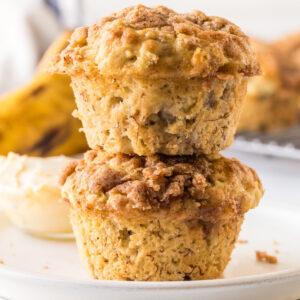 two gluten free banana muffins stacked