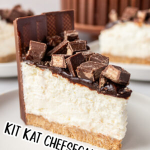 pinterest image for kit kat cheesecake