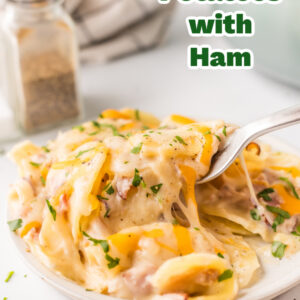 pinterest image for scalloped potatoes with ham