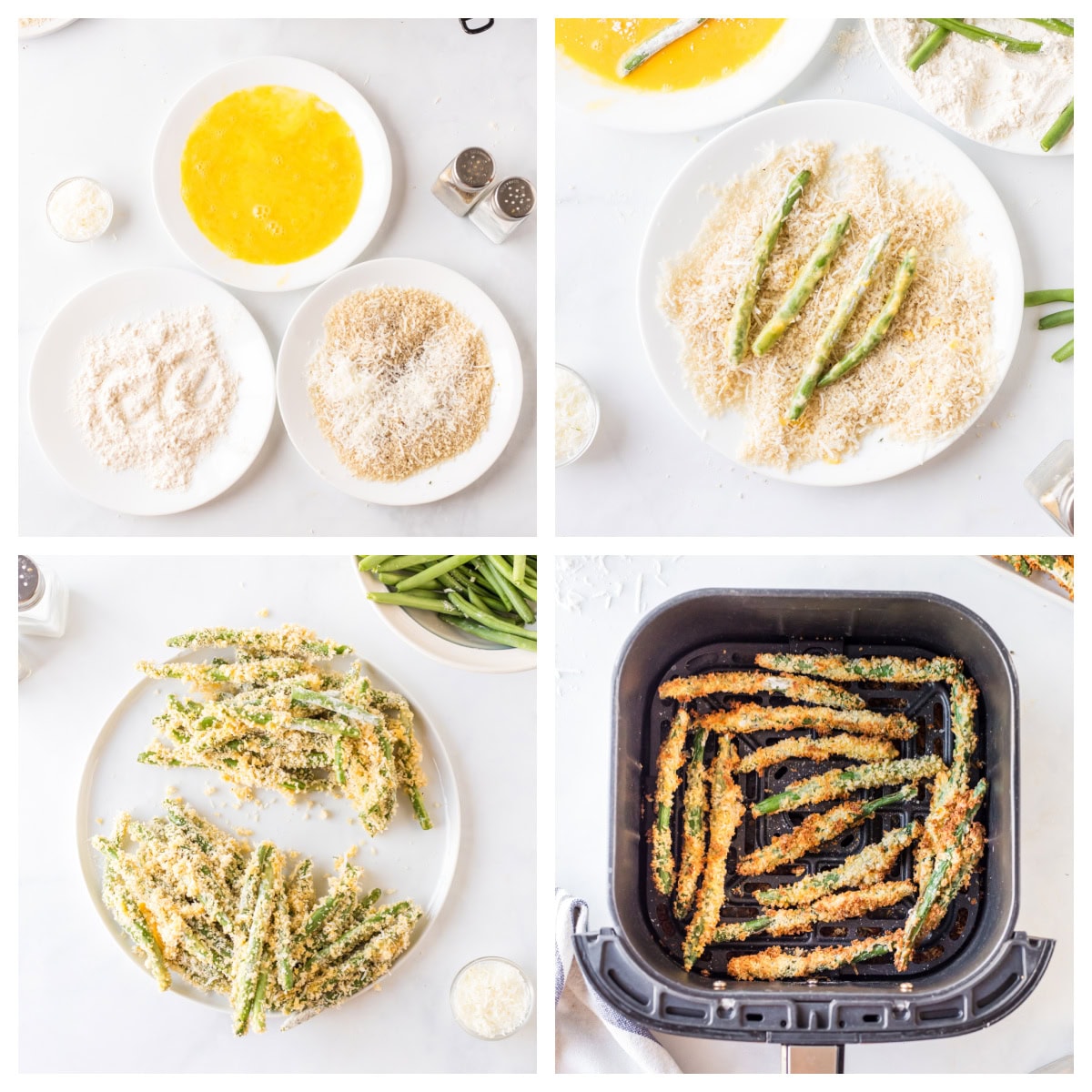 four photos showing how to make air fryer fried green beans