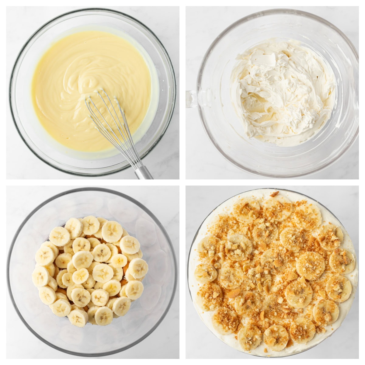 This Banana Pudding Trifle is the ultimate crowd-pleasing dessert! Layers of banana pudding, cheesecake whipped cream, fresh bananas, and Nilla wafers—easy and no bake! four photos showing how to make banana pudding trifle