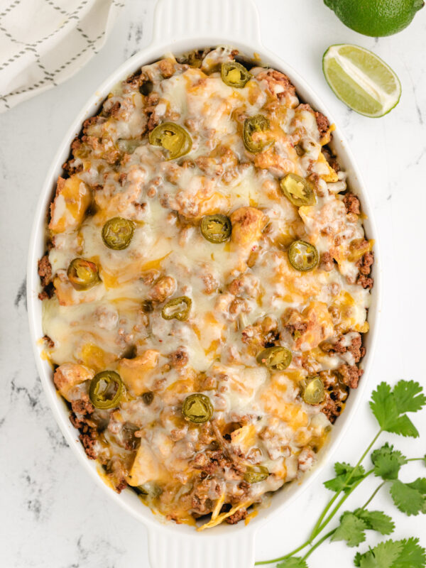 dish of melted ground beef nachos