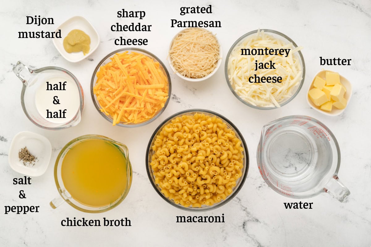 ingredients displayed for making instant pot macaroni and cheese