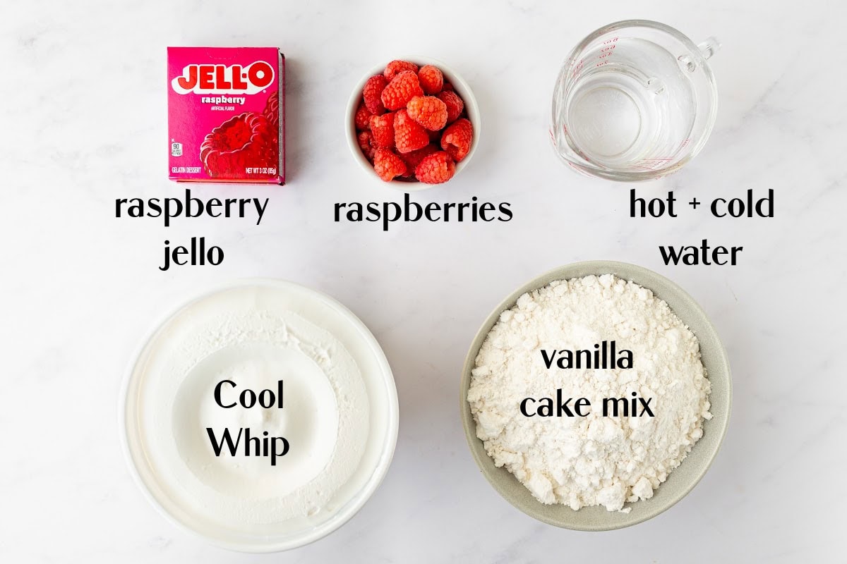 Easy Jello Poke Cake recipe from RecipeGirl.com : raspberry poke cake, strawberry poke cake ingredients displayed for making jello poke cake
