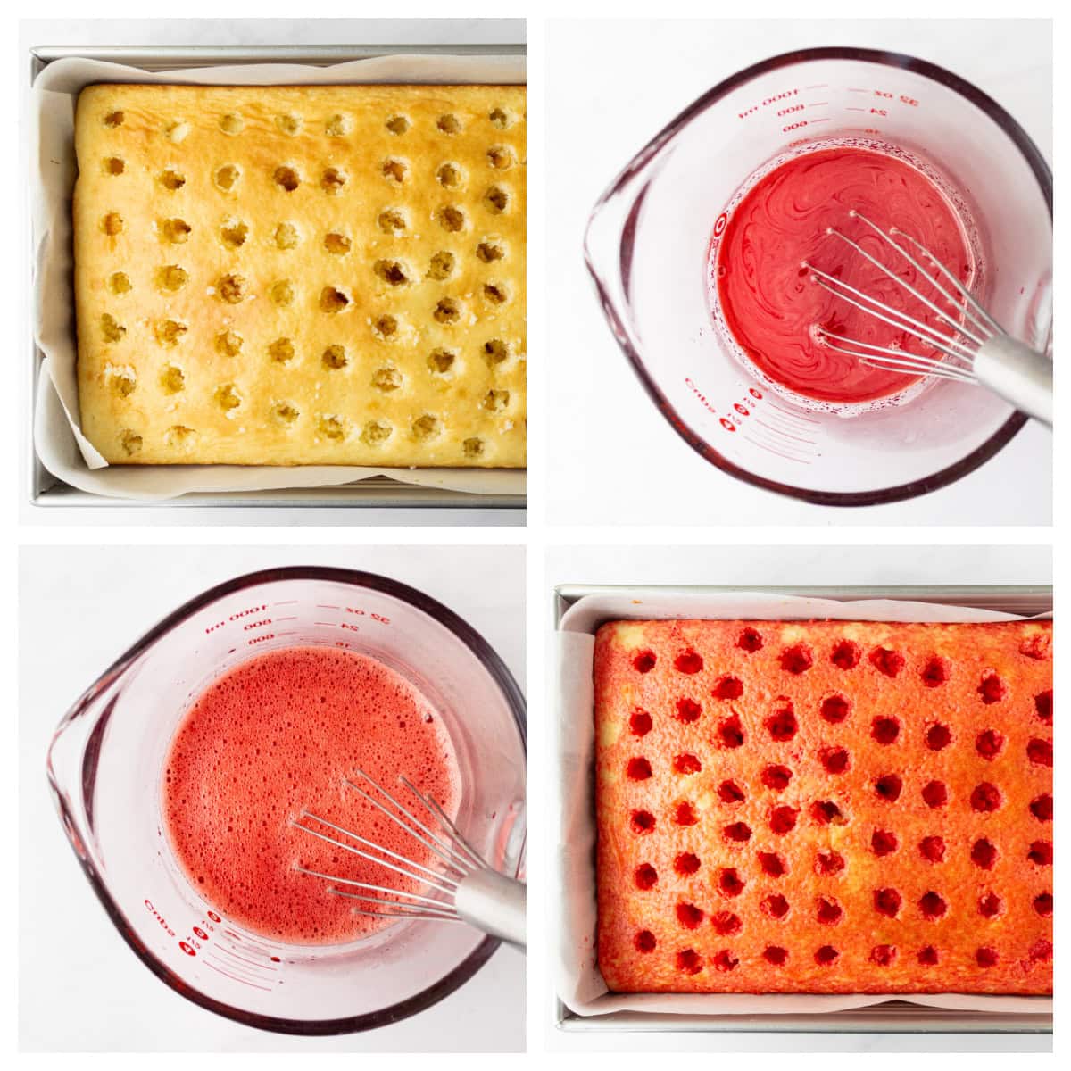 Easy Jello Poke Cake recipe from RecipeGirl.com : raspberry poke cake, strawberry poke cake four photos showing how to make jello poke cake