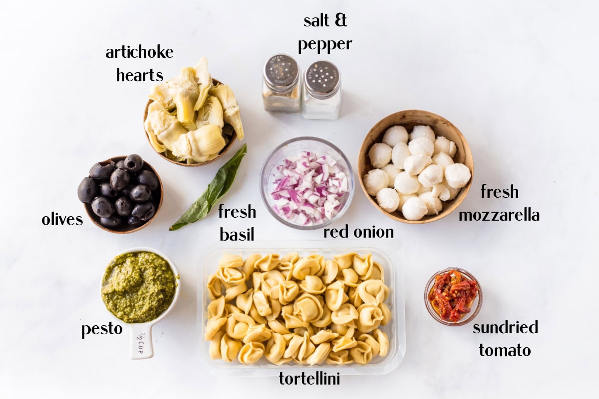 Pesto Tortellini Pasta Salad recipe from RecipeGirl.com ingredients displayed for making pesto tortellini pasta salad