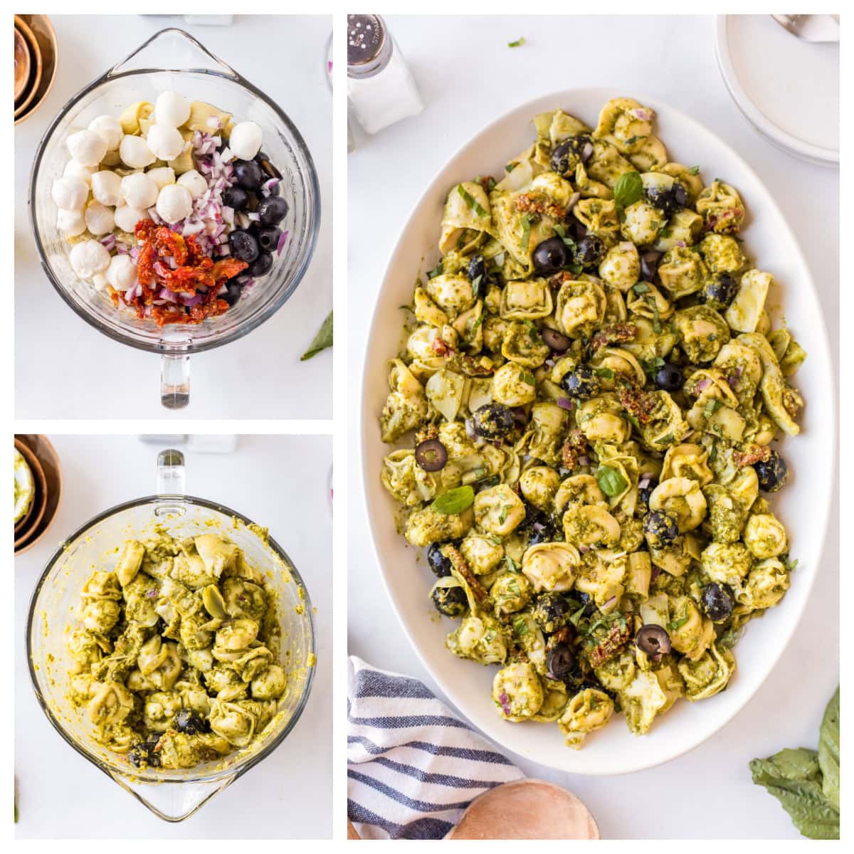 Pesto Tortellini Pasta Salad recipe from RecipeGirl.com three photos showing how to make pesto tortellini pasta salad