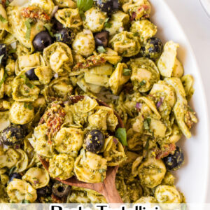 pinterest image for pesto tortellini pasta salad