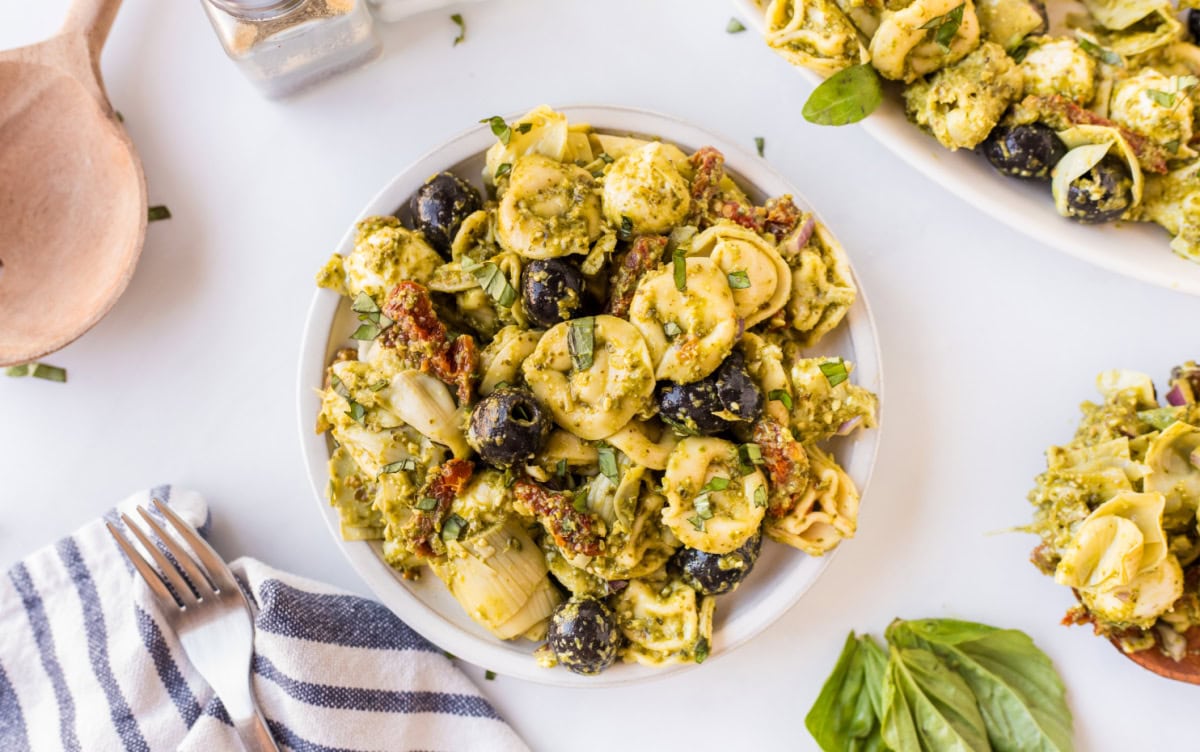 Pesto Tortellini Pasta Salad recipe from RecipeGirl.com serving of pesto tortellini pasta salad